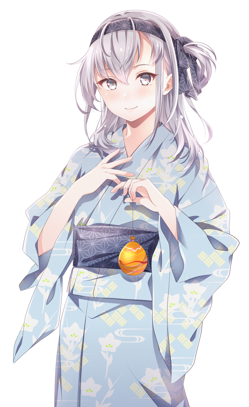 1girl absurdres alternate_costume floral_print headband highres japanese_clothes kantai_collection kimono kukimaru long_hair obi one_side_up print_kimono sash silver_eyes silver_hair solo suzutsuki_(kancolle)