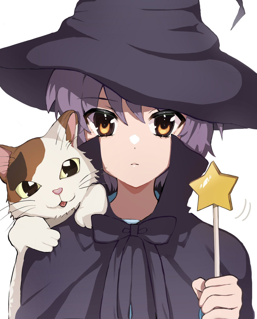 1girl animal animal_on_shoulder bangs black_cape blue_sailor_collar bow brown_eyes calico cape cat cat_on_shoulder closed_mouth commentary_request expressionless eyebrows_visible_through_hair hair_between_eyes hat highres holding holding_wand looking_at_viewer nagato_yuki purple_hair sailor_collar shamisen_(suzumiya_haruhi) short_hair simple_background solo star_(symbol) suzumiya_haruhi_no_yuuutsu u_ik95 wand white_background witch_hat