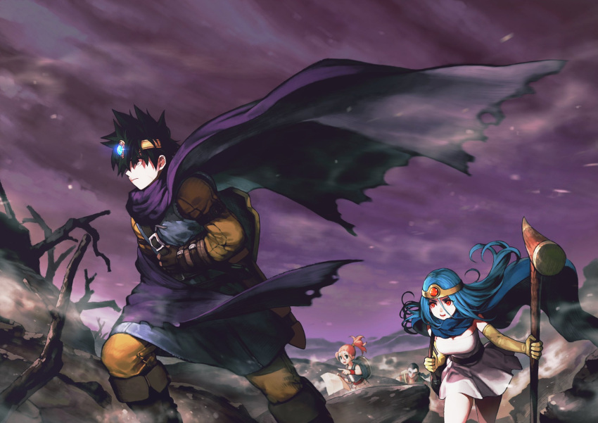 2boys 2girls black_hair blue_hair boots breasts cape commentary_request dragon_quest dragon_quest_iii fighter_(dq3) forehead headband highres holding holding_map jun_(seojh1029) large_breasts long_hair map merchant_(dq3) multiple_boys multiple_girls pink_hair ponytail purple_sky red_eyes roto sage_(dq3) serious short_hair staff