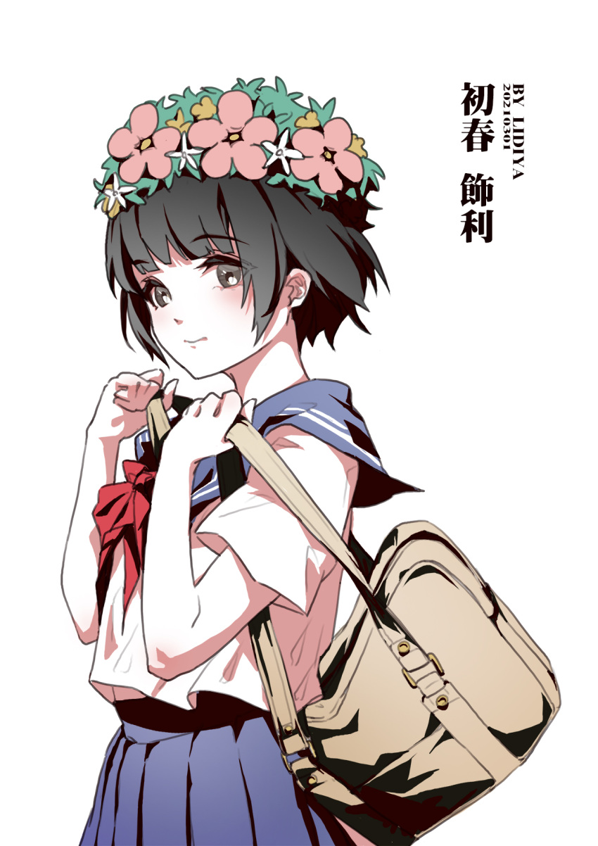 1girl artist_name bag bangs black_hair blue_sailor_collar blue_sky blunt_bangs blush brown_bag brown_eyes character_name closed_mouth commentary dated dress_shirt eyebrows_visible_through_hair flower from_side hair_flower hair_ornament head_wreath highres holding holding_bag light_smile looking_at_viewer lunasum midriff_peek neckerchief pleated_skirt red_neckwear sailor_collar sakugawa_school_uniform school_bag school_uniform serafuku shirt short_hair short_sleeves simple_background skirt sky solo toaru_kagaku_no_railgun toaru_majutsu_no_index uiharu_kazari white_background white_shirt