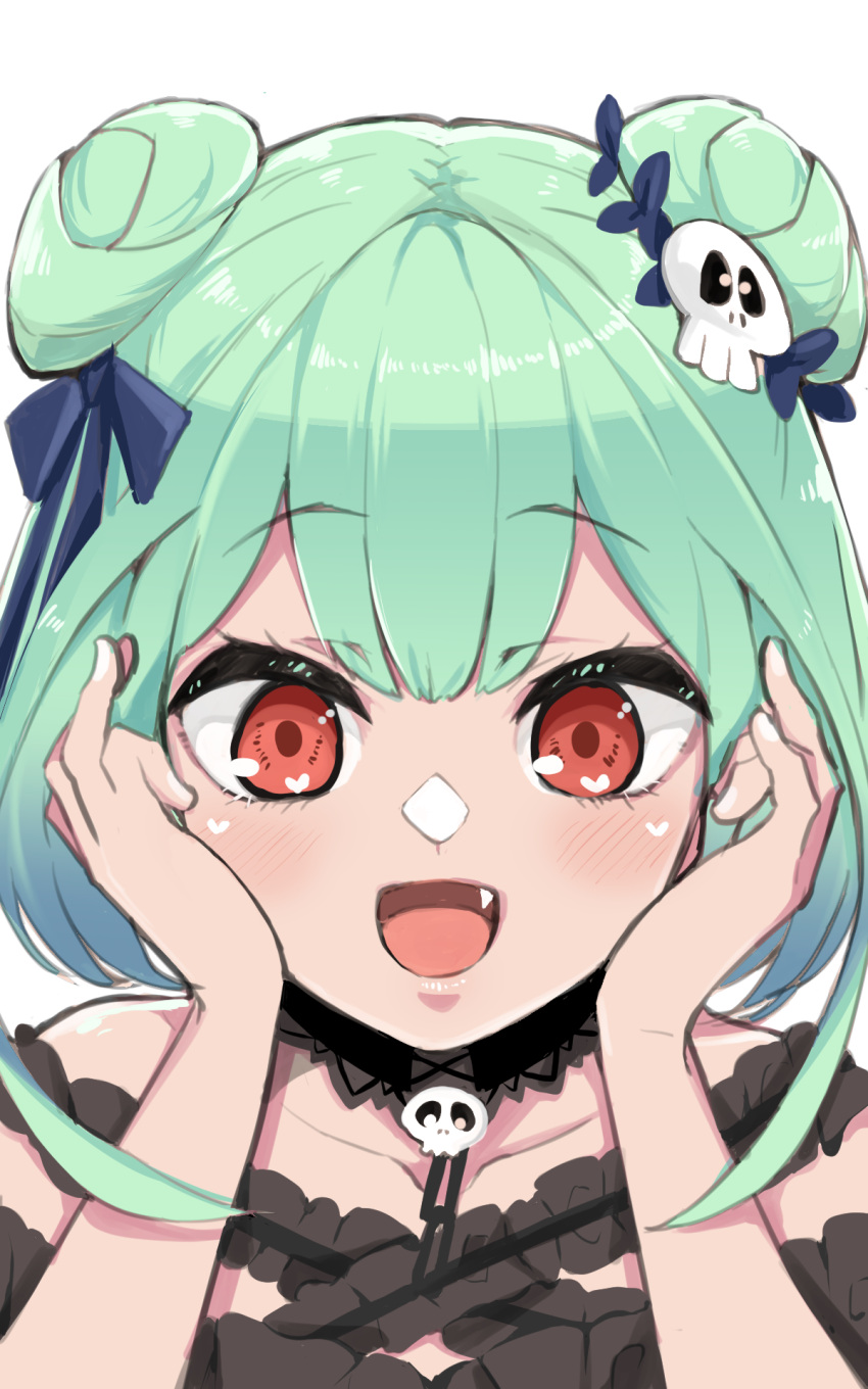 1girl collarbone detached_collar double_bun face fang green_hair hair_ornament hands_on_own_cheeks hands_on_own_face highres hololive open_mouth panyatteria portrait red_eyes skull_hair_ornament smile solo uruha_rushia virtual_youtuber