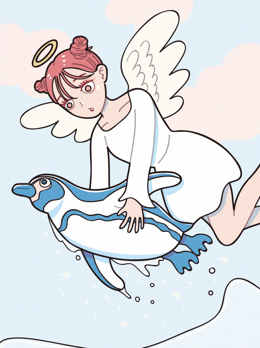 1girl angel angel_wings bangs bird brown_eyes brown_hair cloud double_bun dress feathered_wings feet_out_of_frame flying halo highres hoppe_illust long_sleeves original parted_lips penguin solo water water_drop white_dress white_wings wings