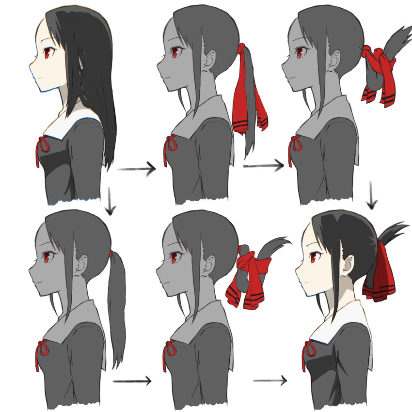 1girl alternate_hairstyle arrow_(symbol) bangs black_dress black_hair bow breasts collar commentary diagram dress folded_ponytail from_side hair_down hair_ribbon hair_up highres how_to kaguya-sama_wa_kokurasetai_~tensai-tachi_no_renai_zunousen~ light_smile long_hair multiple_views neck_ribbon parted_bangs ponytail red_bow red_eyes red_ribbon ribbon school_uniform shinomiya_kaguya shuuchiin_academy_uniform sidelocks simple_background small_breasts tying_hair white_background white_collar y.kami_nao/take