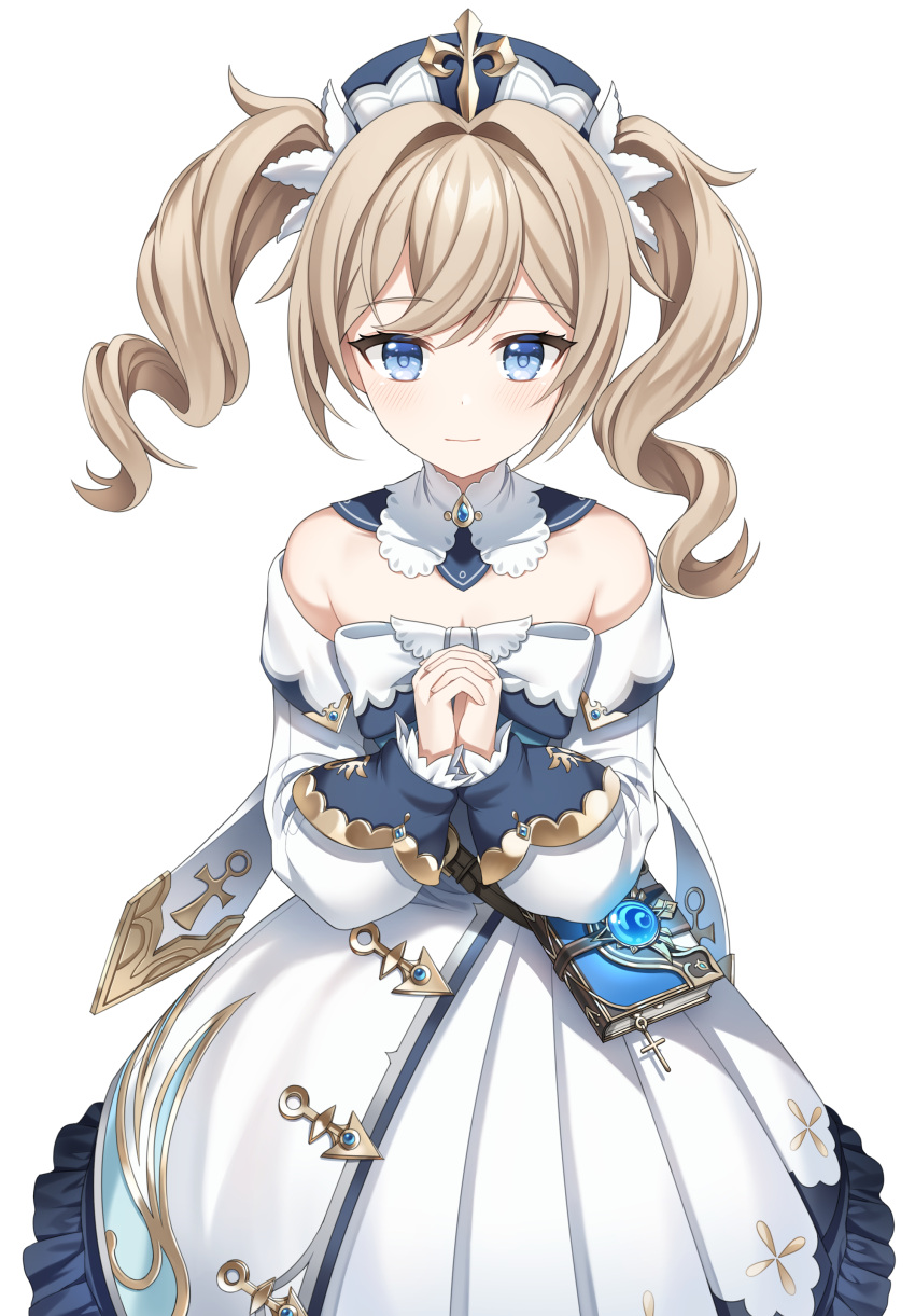 1girl absurdres barbara_pegg bare_shoulders blonde_hair blue_eyes blush book bow bowtie breasts cleavage closed_mouth cross detached_collar dress drill_hair genshin_impact hair_ornament half-closed_eyes hands_clasped hands_together hands_up hara_(xper8243) hat highres latin_cross long_sleeves looking_at_viewer off-shoulder_dress off_shoulder own_hands_together praying priestess simple_background solo twin_drills twintails white_background white_dress