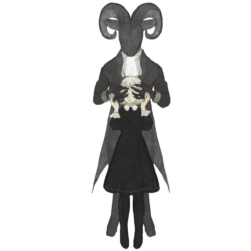 1girl animal bangs black_dress black_jacket black_legwear child claws clothed_animal covering_another's_eyes cravat dress goat highres hooves horns jacket long_sleeves original pale_skin pantyhose peter_pan_collar short_hair standing tono_(rt0no) white_background white_hair white_neckwear