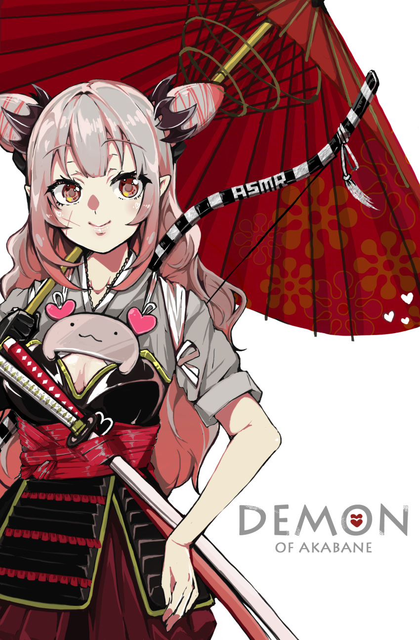 1girl :3 armor bow_(weapon) breasts cleavage cleavage_cutout clothing_cutout double_bun ghost_of_tsushima grey_hair hand_on_hip heart highres honey_strap japanese_armor japanese_clothes katana medium_breasts multicolored_hair oil-paper_umbrella panyatteria parody red_eyes red_hair scar scar_on_cheek scar_on_face smile solo suou_patra sword two-tone_hair umbrella upper_body weapon