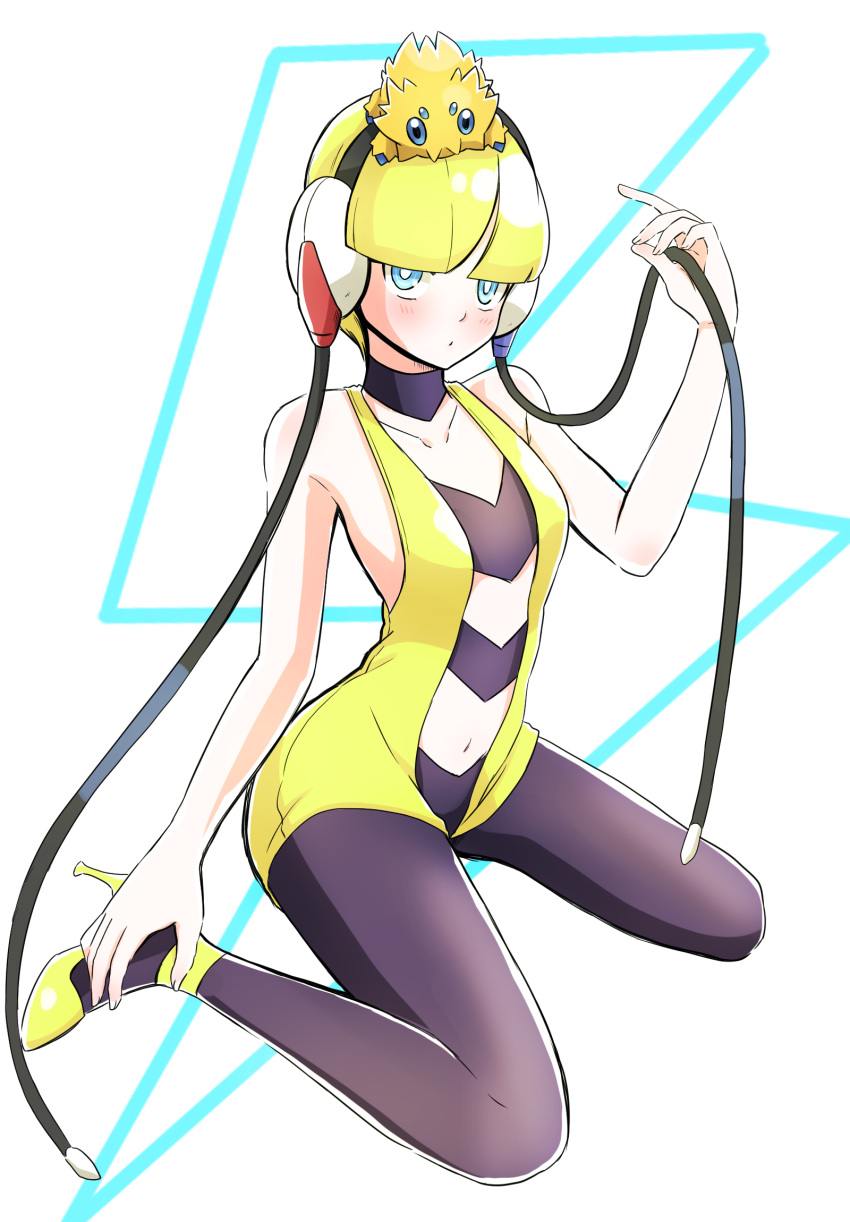 1girl bangs bare_arms blonde_hair blue_eyes blunt_bangs blush bright_pupils choker closed_mouth collarbone commentary_request elesa_(pokemon) gen_5_pokemon gym_leader hand_up headphones high_heels highres joltik noto-kanna on_head pantyhose pokemon pokemon_(creature) pokemon_(game) pokemon_bw pokemon_on_head shiny shiny_hair short_hair sitting white_pupils yellow_footwear