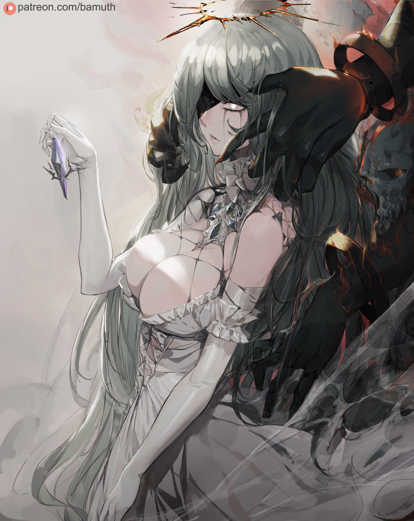 1girl 1other bamuth bare_shoulders bracelet breasts bright_pupils cleavage crying crying_with_eyes_open dress elbow_gloves fingernails gloves grey_hair halo hand_up highres holding holding_gemstone holding_hair jewelry large_breasts long_hair one_eye_covered original parted_lips patreon_logo patreon_username sharp_fingernails silver_eyes skull tears white_dress white_gloves white_pupils