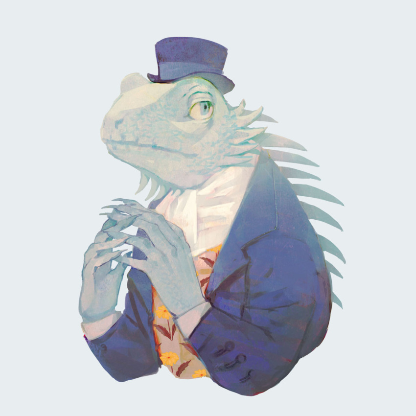 animal aqua_background aqua_eyes blazer blue_jacket claws clothed_animal cravat floral_print hat highres iguana_(animal) jacket lizard no_humans original simple_background tono_(rt0no) top_hat upper_body vest