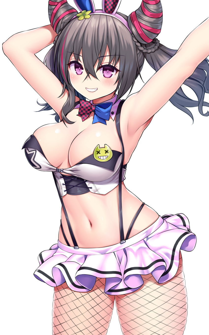 1girl absurdres animal_ears arm_behind_head armpits arms_up asamura_hiori azur_lane badge bangs bare_shoulders blush bow bowtie braid breasts bunny_ears button_badge cleavage commentary_request cowboy_shot crossed_bangs detached_collar eyebrows_visible_through_hair fake_animal_ears fishnet_legwear fishnets grey_hair grin hair_between_eyes hair_horns hair_ribbon highres large_breasts long_hair looking_at_viewer midriff miniskirt multicolored_hair navel official_alternate_costume pleated_skirt purple_eyes red_hair ribbon san_francisco_(azur_lane) san_francisco_(funny_bunny!)_(azur_lane) sidelocks simple_background skirt smile solo standing streaked_hair suspender_skirt suspenders teeth twintails very_long_hair white_background white_skirt