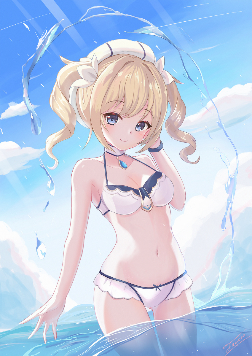 1girl barbara_pegg bare_arms bare_shoulders bikini blonde_hair blue_eyes blue_sky blush breasts choker cleavage cloud cloudy_sky cowboy_shot day drill_hair genshin_impact hair_ornament half-closed_eyes hat highres jewelry looking_at_viewer navel necklace partially_submerged sailor_hat sky solo swimsuit twin_drills twintails unishaho water white_bikini