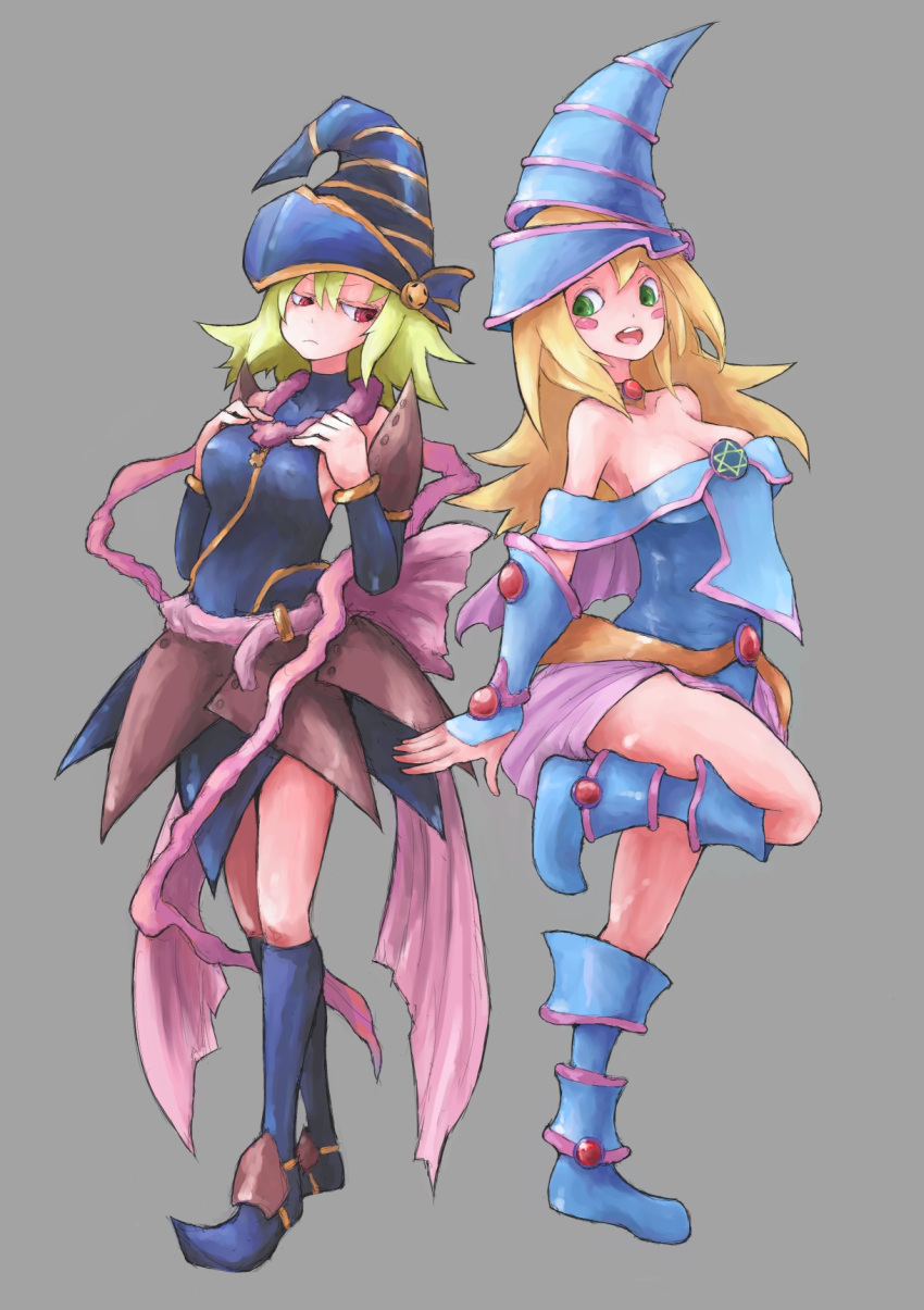 2girls bangs bare_shoulders blonde_hair blue_footwear blush_stickers boots breast_envy breasts cleavage covered_nipples dark_magician_girl duel_monster full_body gagaga_girl green_eyes grey_background hands_up hat highres large_breasts leg_up long_hair multiple_girls open_mouth red_eyes rokuta66 simple_background smile standing wizard_hat yu-gi-oh! yu-gi-oh!_duel_monsters yu-gi-oh!_zexal