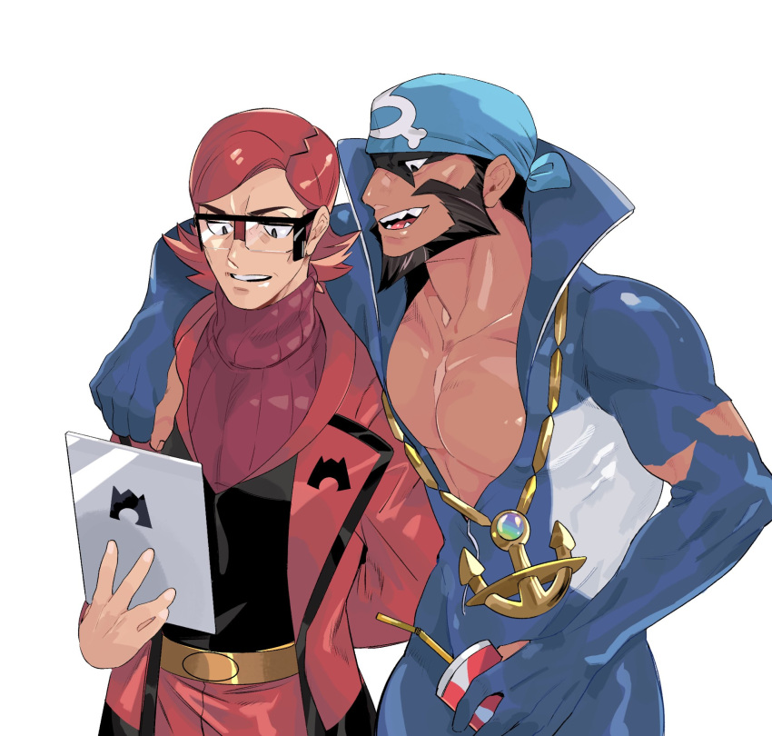 2boys anchor_necklace archie_(pokemon) arm_behind_back beard belt black_eyes blue_bandana brown_hair commentary_request cup disposable_cup drinking_straw facial_hair glasses green_(grimy) highres holding male_cleavage male_focus maxie_(pokemon) multiple_boys open_mouth pectorals pokemon pokemon_(game) pokemon_oras red_hair smile sweater team_aqua team_magma teeth tongue turtleneck turtleneck_sweater wetsuit yellow_belt