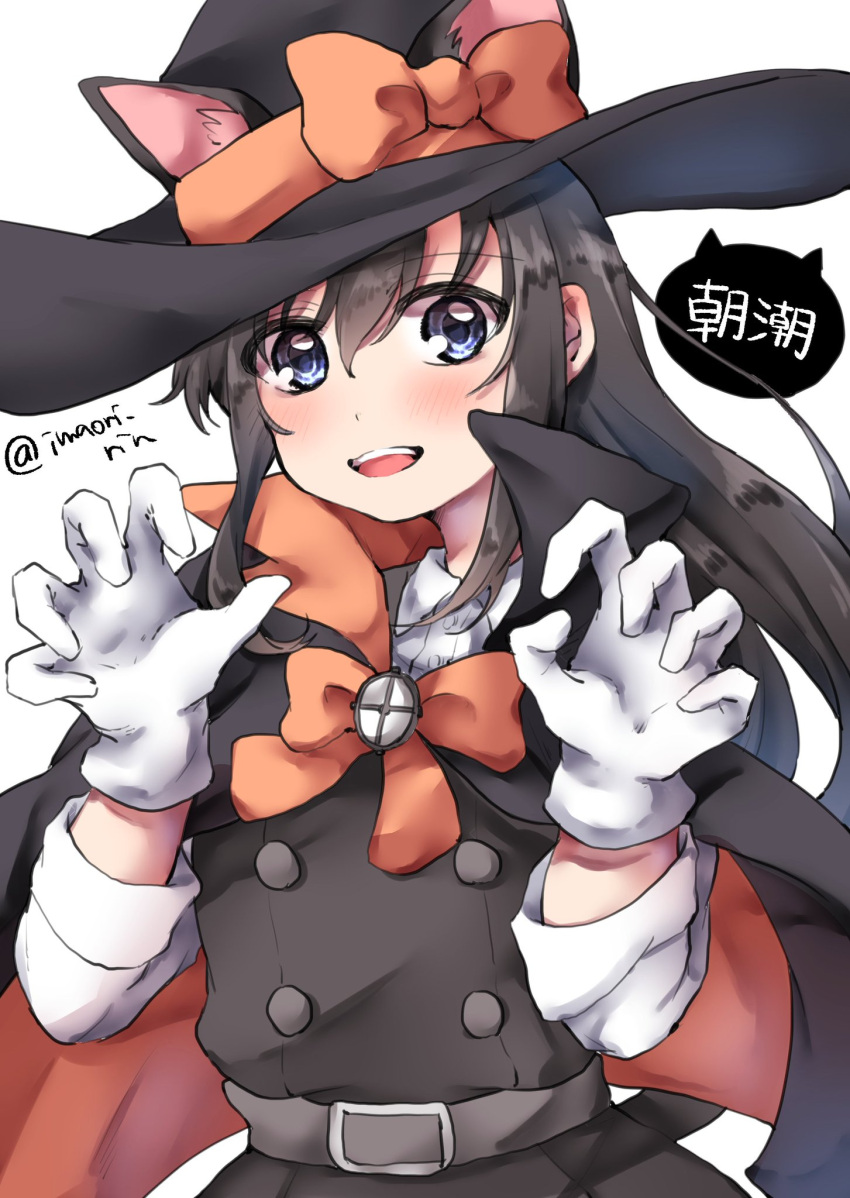 1girl animal_ears asashio_(kancolle) black_cape black_hair black_headwear blue_eyes bow bowtie cape cat_ears character_name commentary_request dress dress_shirt gloves halloween_costume highres imaori_rin kantai_collection long_hair long_sleeves looking_at_viewer orange_neckwear pinafore_dress shirt simple_background solo twitter_username upper_body white_background white_gloves white_shirt