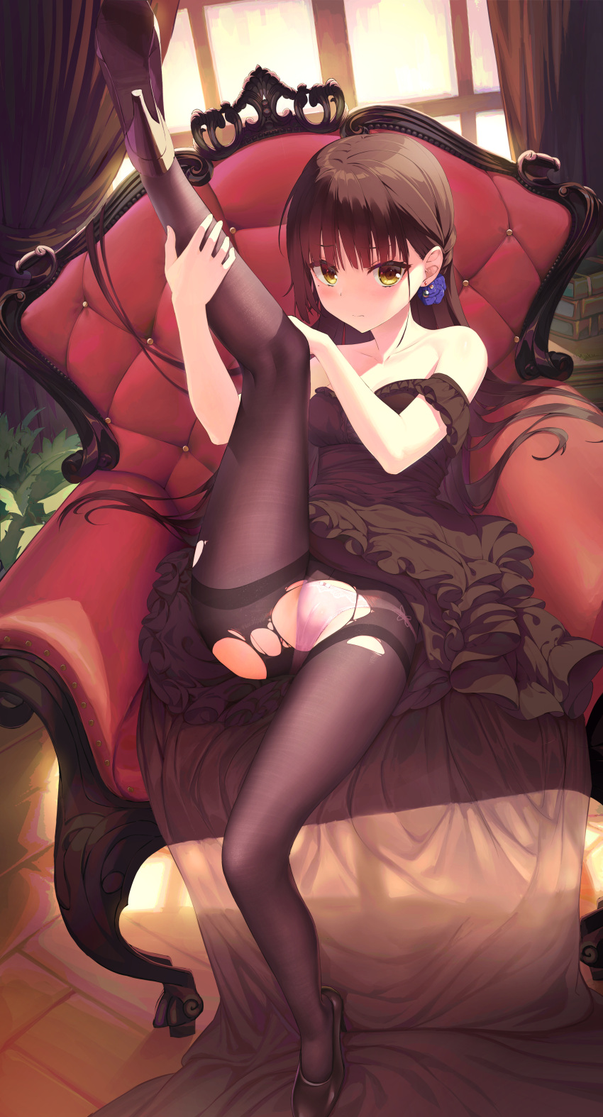 1girl absurdres bangs black_dress black_footwear black_hair black_legwear blue_(9153585) blush breasts cafe_stella_to_shinigami_no_chou chair commentary_request dress earrings easy_chair full_body hand_on_own_knee hand_on_own_leg high_heels highres holding_leg indoors jewelry long_hair looking_at_viewer medium_breasts on_chair panties pantyhose pink_panties shiki_natsume sitting solo thighband_pantyhose torn_clothes torn_legwear underwear very_long_hair wooden_floor yellow_eyes