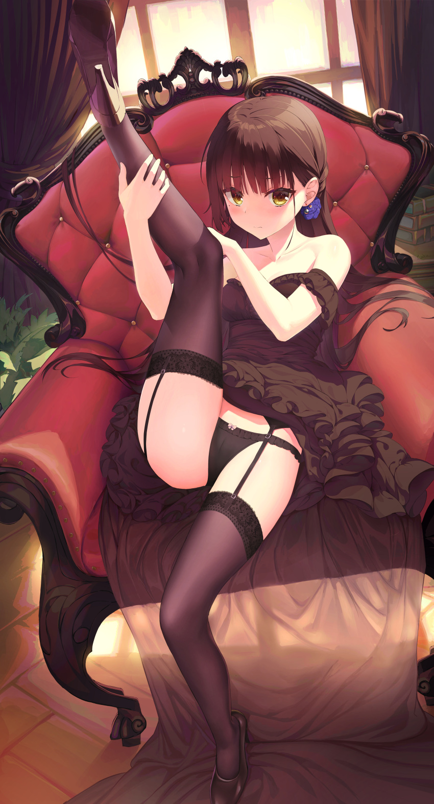 1girl absurdres bangs black_dress black_footwear black_hair black_legwear blue_(9153585) blush breasts cafe_stella_to_shinigami_no_chou chair commentary_request dress earrings easy_chair full_body garter_straps hand_on_own_knee hand_on_own_leg high_heels highres holding_leg indoors jewelry long_hair looking_at_viewer medium_breasts on_chair shiki_natsume sitting solo thighhighs very_long_hair wooden_floor yellow_eyes
