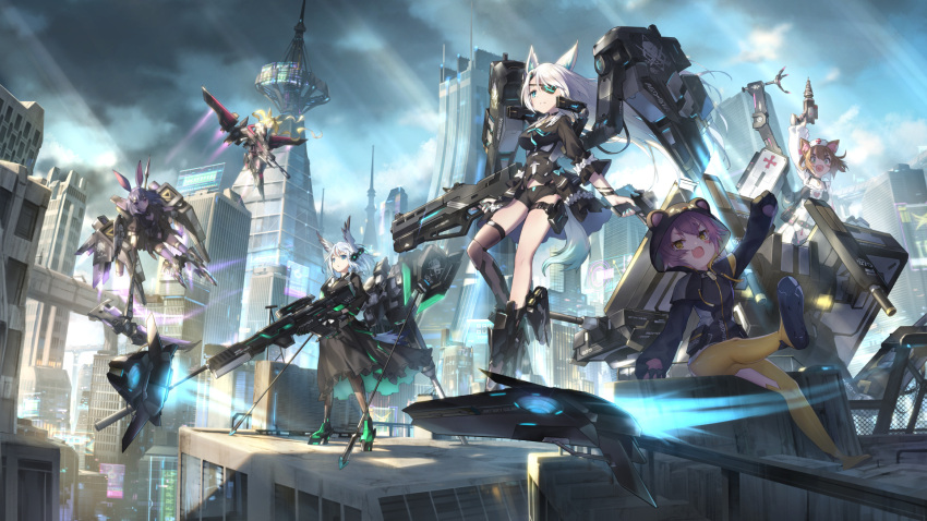 6+girls :d animal_ear_fluff animal_ears animal_hood arm_up armor_girls bangs black_dress black_gloves black_shirt black_shorts blonde_hair blue_eyes boots brown_hair character_request chinese_commentary city commentary_request dress elbow_gloves eyepatch flying full_body gloves gun highres holding holding_gun holding_weapon hood hood_up long_hair long_sleeves looking_at_viewer mecha_musume mechanical_wings multiple_girls observerz official_art open_mouth outdoors pantyhose paw_gloves paws purple_hair shirt short_hair shorts single_thighhigh sitting smile standing tail thighhighs very_long_hair weapon white_hair wings yellow_eyes