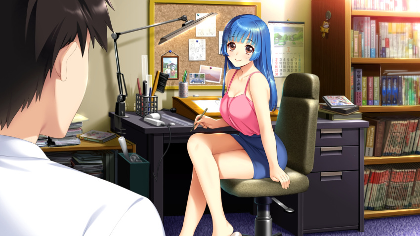 1boy 1girl blue_hair blue_skirt blush breasts brown_eyes brown_hair chair cleavage closed_mouth crossed_legs doukyuusei game_cg highres holding holding_pen large_breasts long_hair looking_at_another miniskirt official_art older pen pencil_skirt pink_shirt shiny shiny_hair shirt sitting skirt sleeveless sleeveless_shirt smile straight_hair sumeragi_kohaku tamachi_hiromi white_shirt