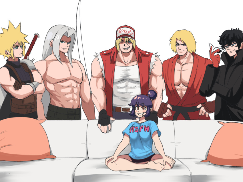 1girl 5boys amamiya_ren artist_self-insert bangs baseball_cap black_hair blonde_hair blue_eyes blue_hair brown_eyes brown_hair clothes_writing cloud_strife commentary couch denim english_commentary fatal_fury final_fantasy final_fantasy_vii final_fantasy_vii_advent_children fingerless_gloves glasses gloves green_eyes hat highres jacket jeans ken_masters long_hair looking_at_viewer multiple_boys muscular pants persona persona_5 piper_perri_surrounded ponytail red_gloves sephiroth shirt short_hair shorts silver_hair simple_background smile street_fighter street_fighter_ii_(series) super_smash_bros. t-shirt terry_bogard the_king_of_fighters tina_fate very_long_hair