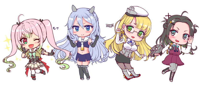 4girls black_gloves black_skirt blonde_hair blue_eyes blue_skirt bow bowtie chibi crop_top double_bun dress elbow_gloves glasses gloves gradient_hair gradient_neckwear green_eyes green_hair green_neckwear hat headgear horned_headwear i-203_(kancolle) kantai_collection light_blue_hair long_hair long_sleeves makinami_(kancolle) military military_uniform momo_(kancolle) multicolored_hair multiple_girls naval_uniform northampton_(kancolle) peaked_cap pencil_skirt pink_hair purple_dress school_uniform sharasohju shirt sidelocks skirt twintails two-tone_hair uniform white_headwear white_neckwear white_shirt yellow_neckwear