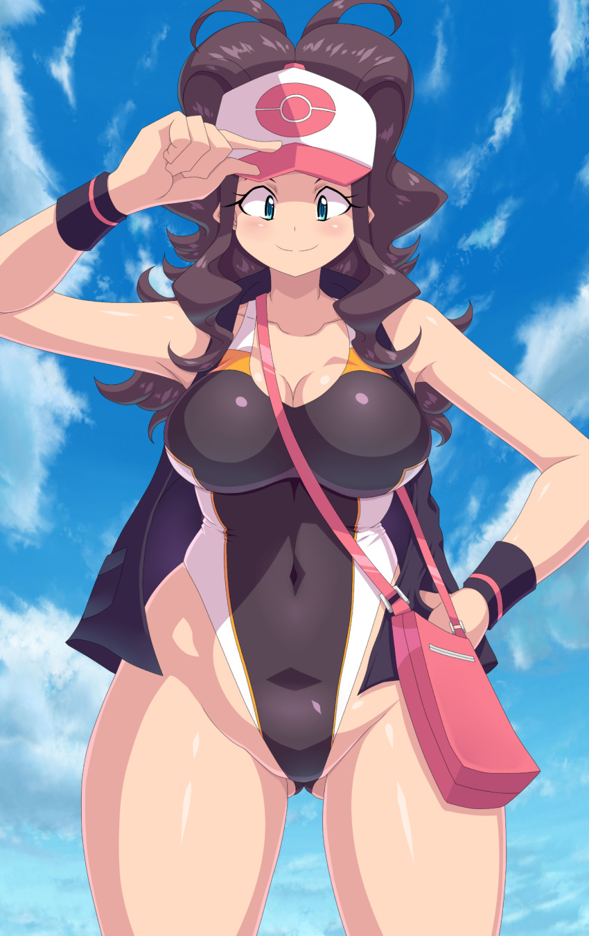 1girl ass_visible_through_thighs bag baseball_cap black_swimsuit black_vest black_wristband blue_eyes blue_sky breasts brown_hair cloud commentary_request competition_swimsuit covered_navel cowboy_shot curvy hat high_ponytail highleg highleg_swimsuit highres hilda_(pokemon) kihaiu large_breasts long_hair multicolored multicolored_clothes multicolored_swimsuit one-piece_swimsuit pokemon pokemon_(game) pokemon_bw sidelocks sky solo swimsuit vest wristband