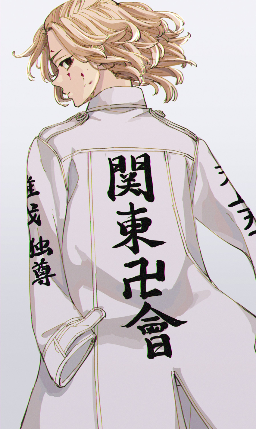 1boy absurdres black_eyes blank_eyes blonde_hair blood blood_on_face closed_mouth coat coat_on_shoulders cowboy_shot english_commentary highres long_sleeves looking_at_viewer looking_back male_focus medium_hair meimei_(cb_mei) profile sano_manjirou simple_background solo standing tokyo_revengers white_background white_coat