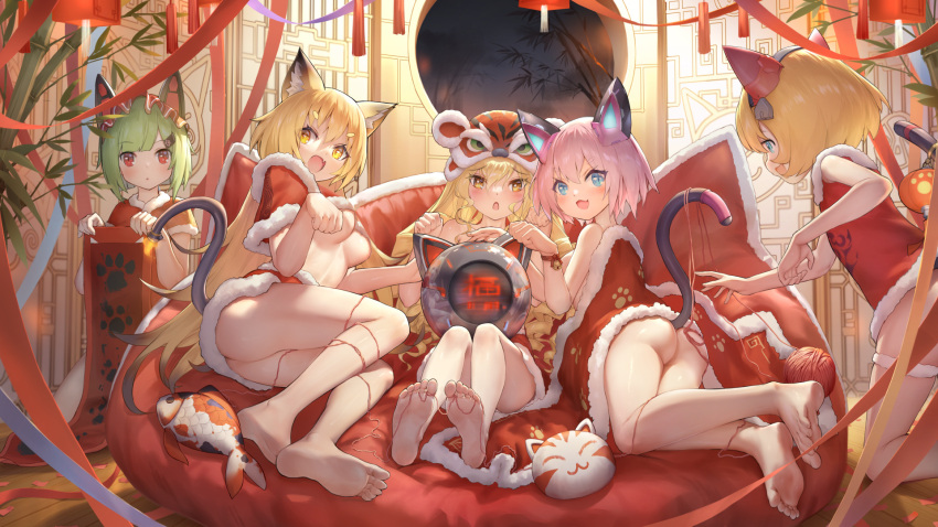 5girls :d :o animal_ear_fluff animal_ears anklet armor_girls bangs bare_legs barefoot blonde_hair blue_eyes breasts cat_ears cat_tail character_request chinese_commentary commentary_request eyebrows_visible_through_hair feet full_body fur_trim green_hair hair_between_eyes hairband highres indoors jewelry kneeling legs long_hair looking_at_viewer lying mechanical_ears mechanical_tail medium_breasts multiple_girls no_panties observerz official_art on_side open_mouth paw_pose pink_hair red_eyes short_hair sitting smile soles tail tail_raised thread toes underboob very_long_hair yarn yarn_ball yellow_eyes