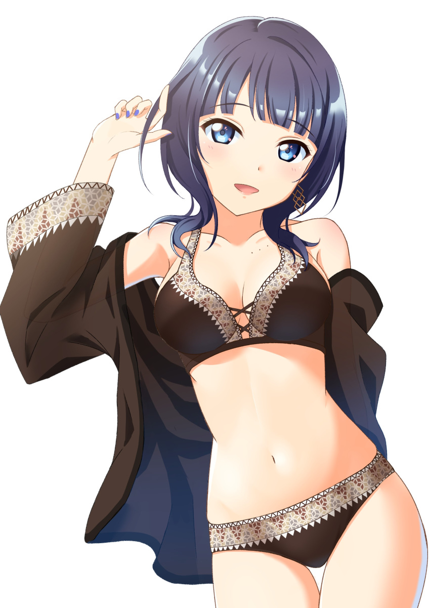 1girl absurdres asaka_karin bangs bikini black_bikini black_hair blue_eyes blue_hair breasts earrings hand_in_hair highres jacket jacket_over_swimsuit jewelry large_breasts love_live! love_live!_nijigasaki_high_school_idol_club medium_hair mole nail_polish navel oku_1225 solo swept_bangs swimsuit