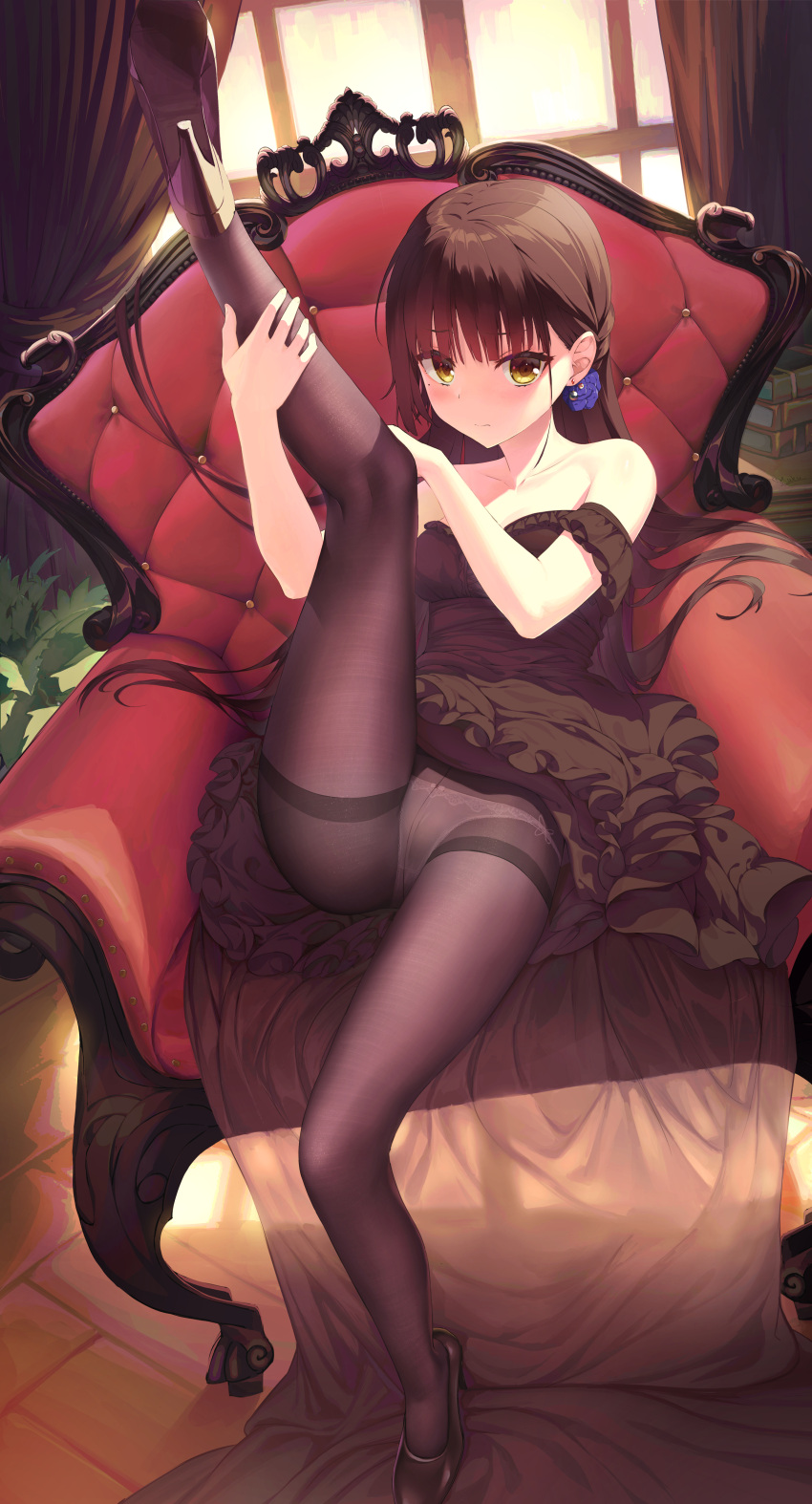 1girl absurdres bangs black_dress black_footwear black_hair black_legwear blue_(9153585) blush breasts cafe_stella_to_shinigami_no_chou chair commentary_request dress earrings easy_chair full_body hand_on_own_knee hand_on_own_leg high_heels highres holding_leg indoors jewelry long_hair looking_at_viewer medium_breasts on_chair panties panties_under_pantyhose pantyhose shiki_natsume sitting solo thighband_pantyhose underwear very_long_hair wooden_floor yellow_eyes