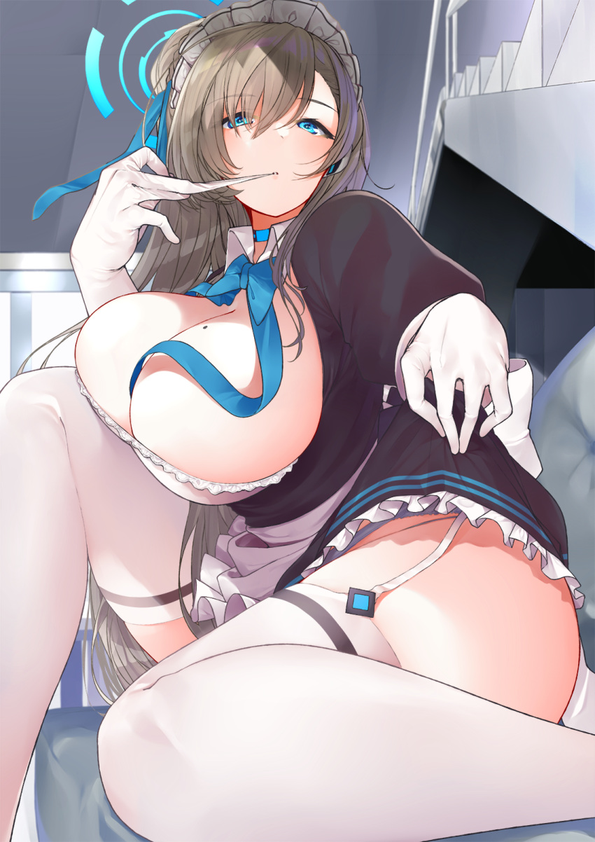 1girl apron asuna_(blue_archive) bangs biting black_dress blue_archive blue_neckwear blush bow bowtie breasts choker cleavage dress elbow_gloves glove_biting gloves halo headphones highres large_breasts light_brown_hair long_hair maid_headdress miya_ur mole mole_on_breast neck_ribbon puffy_short_sleeves puffy_sleeves ribbon short_sleeves smile solo white_apron white_gloves