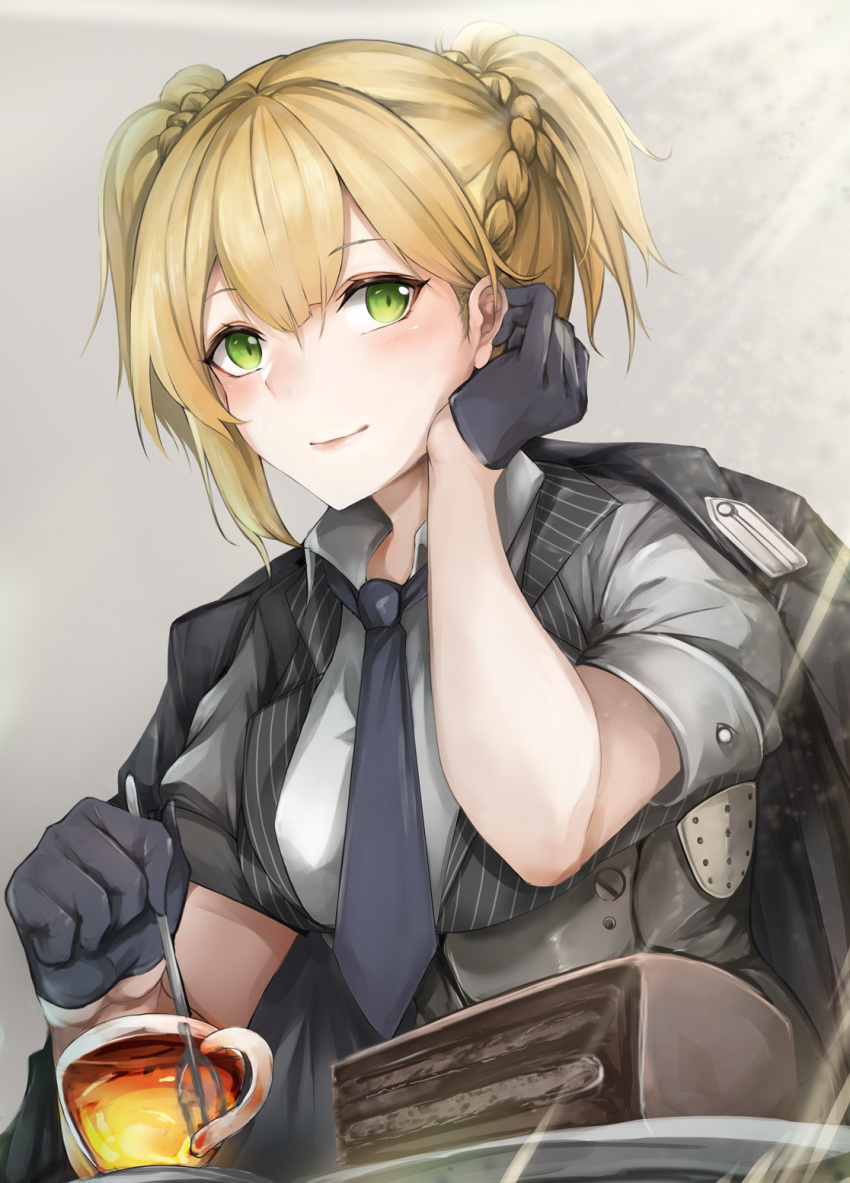 1girl adjusting_hair black_gloves blonde_hair blue_necktie blush braid breasts cake commission corset crown_braid cup food girls'_frontline gloves green_eyes grey_background grey_necktie grey_shirt half_gloves highres jacket jacket_on_shoulders looking_at_viewer marche_mk14 medium_breasts necktie pinstripe_pattern pinstripe_vest shirt skeb_commission sleeves_rolled_up smile striped striped_vest teacup two_side_up vertical-striped_vest vertical_stripes vest welrod_mkii_(girls'_frontline)