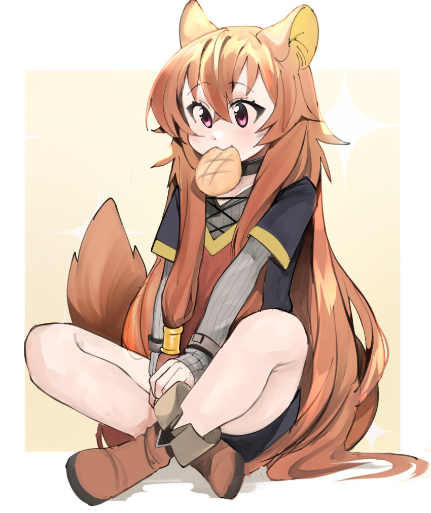 1girl animal_ears anpan bangs black_choker boots brown_footwear choker crossed_legs eyebrows_visible_through_hair flat_chest food food_in_mouth highres kumaartsu long_hair looking_ahead pink_eyes raccoon_ears raccoon_girl raccoon_tail raphtalia sitting solo tail tate_no_yuusha_no_nariagari very_long_hair