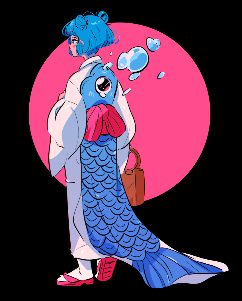 1girl absurdres bag bangs blue_hair bubble double_bun fish from_behind full_body highres holding holding_bag japanese_clothes japanese_flag kimono obi original sandals sash shoes short_hair simple_background socks solo stephanie_priscilla tabi yukata