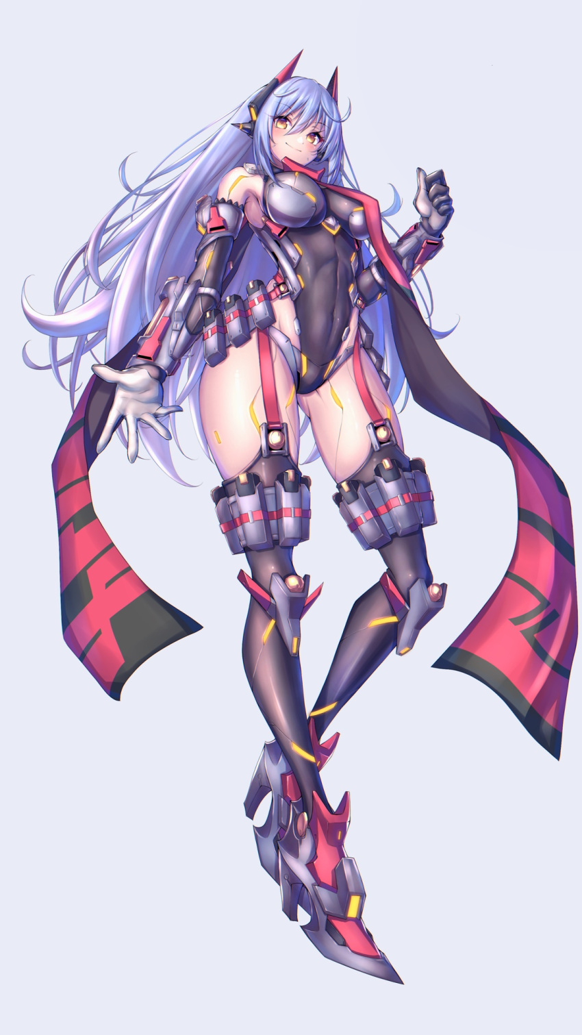 1girl android breasts full_body hakusai_(hksicabb) high_heels highres joints large_breasts leotard long_hair poppi_(xenoblade) poppi_qtpi_(xenoblade) purple_hair red_eyes robot_ears robot_joints scarf simple_background solo xenoblade_chronicles_(series) xenoblade_chronicles_2