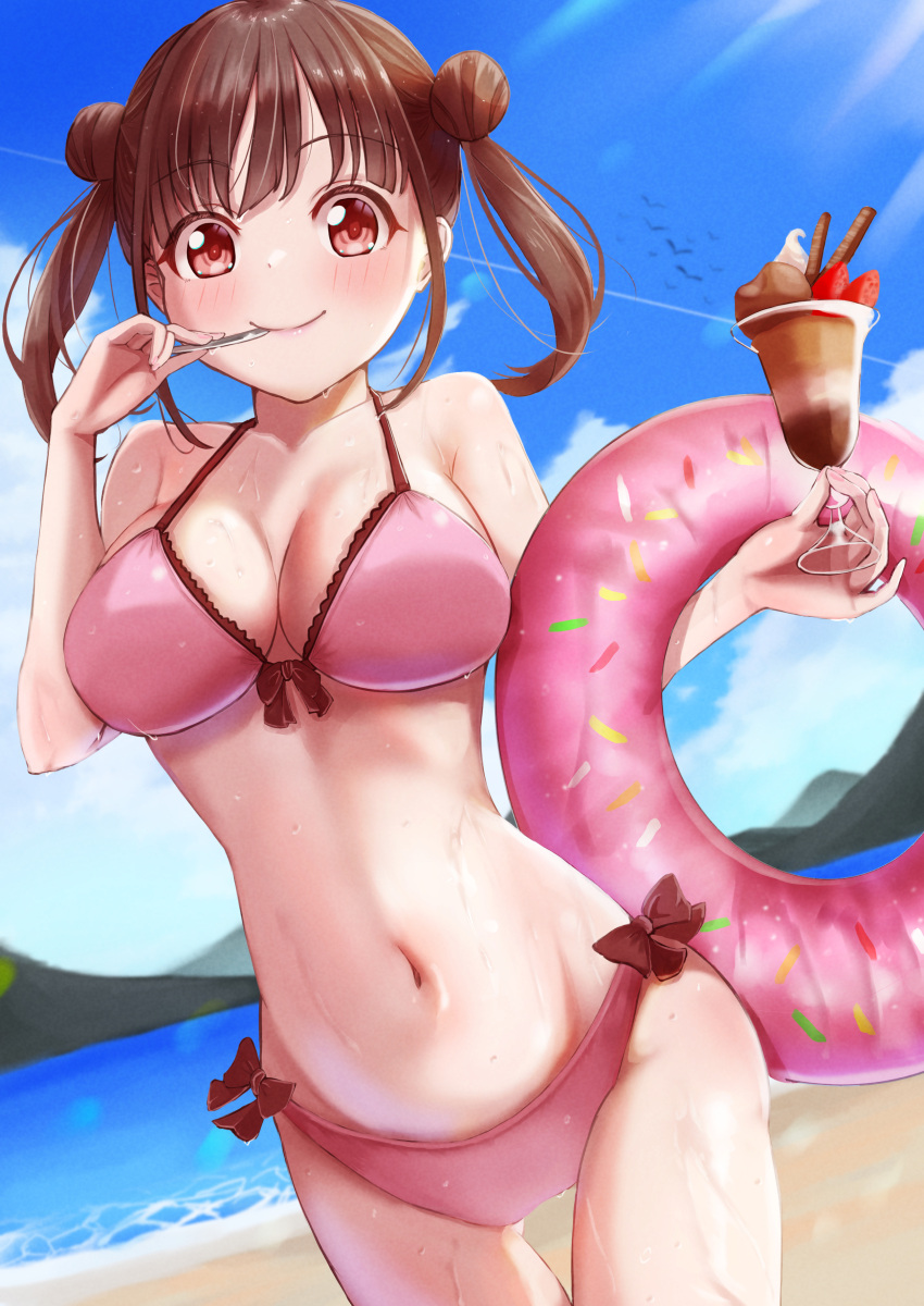 1girl absurdres beach bikini blue_sky breasts brown_hair cleavage cloud cowboy_shot day double_bun doughnut_innertube eating gyo_hasu highres idolmaster idolmaster_shiny_colors innertube looking_at_viewer medium_breasts outdoors parfait pink_bikini red_eyes short_hair short_twintails side-tie_bikini sky solo sonoda_chiyoko swimsuit twintails