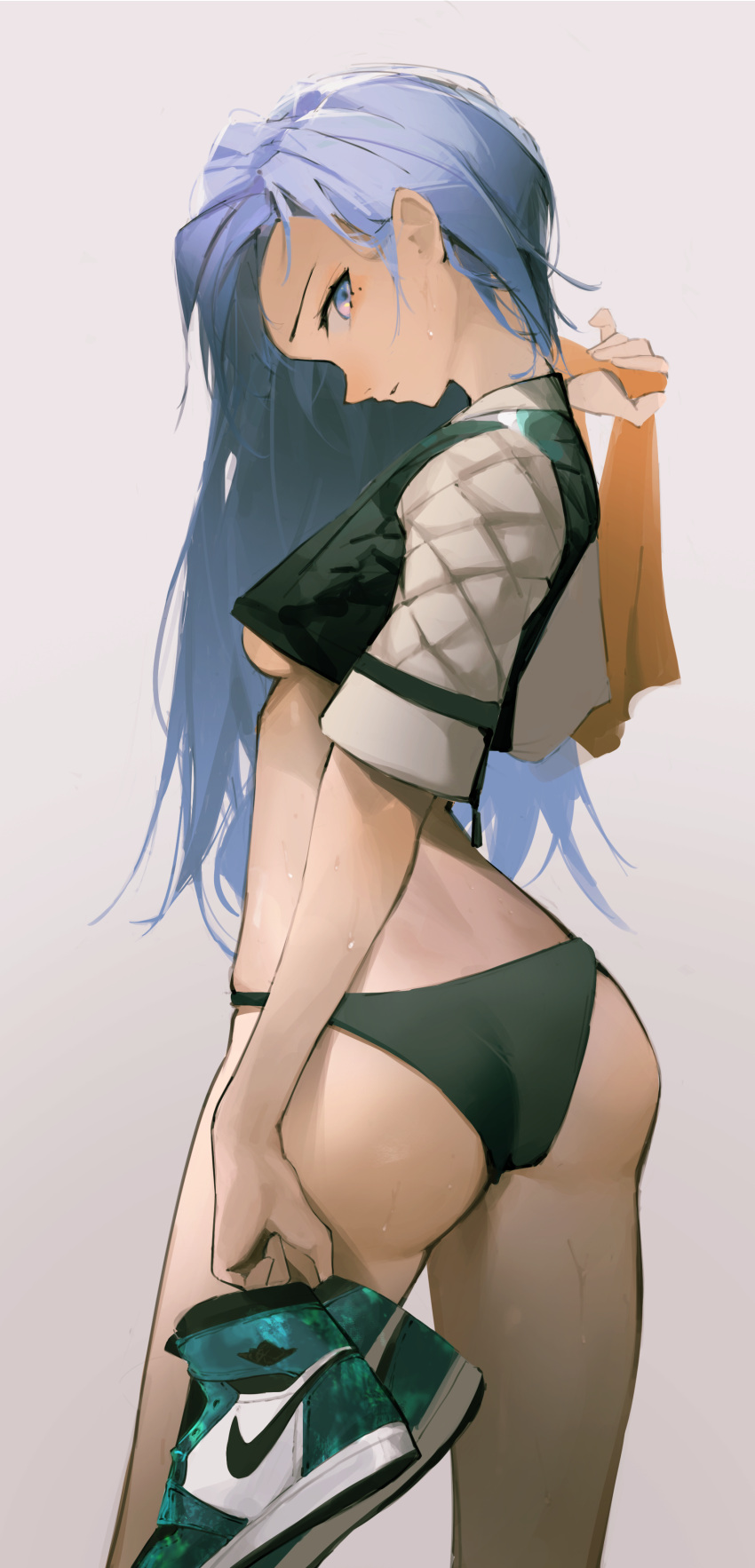 1girl absurdres ass black_panties blue_eyes blue_footwear blue_hair borrowed_character breasts commentary_request cowboy_shot crop_top eyyy grey_background hand_up highres holding holding_clothes holding_footwear long_hair midriff minah_(chaesu) mole mole_under_eye original panties shoes short_sleeves simple_background small_breasts sneakers solo standing thighs underboob underwear