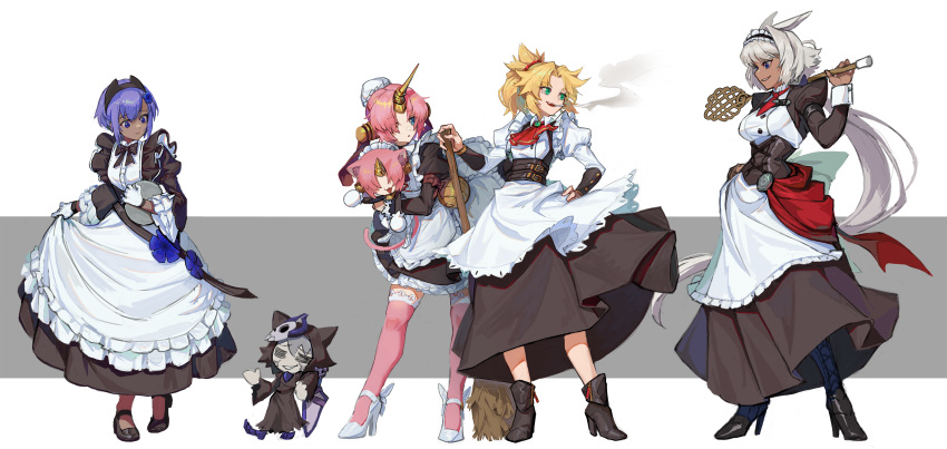 4girls absurdres alternate_costume animal_ears apron ascot badge bangs belt black_dress black_skirt blonde_hair blue_eyes blush boots braid breasts brooch broom caenis_(fate) character_name cigarette collared_dress commentary_request cosplay cravat dark-skinned_female dark_skin dress english_text enmaided eyebrows_visible_through_hair f.k_(hs225kr) fate/apocrypha fate/grand_carnival fate/grand_order fate/prototype fate/prototype:_fragments_of_blue_and_silver fate_(series) flower frankenstein's_monster_(fate) french_braid frilled_apron frilled_dress frills full_body gloves green_eyes hair_flower hair_intakes hair_ornament hair_over_eyes hair_over_one_eye hair_scrunchie hand_on_hip hassan_of_serenity_(fate) headgear heterochromia high_heels highres holding holding_broom horns jewelry juliet_sleeves large_breasts long_hair long_sleeves looking_at_another looking_to_the_side maid maid_apron maid_headdress mechanical_horn medium_hair mordred_(fate) mordred_(fate)_(all) multiple_girls mysterious_neko_v mysterious_neko_w open_mouth parted_bangs pink_hair pink_legwear plate ponytail puffy_sleeves purple_eyes purple_hair red_scrunchie ribbon scrunchie short_hair single_horn skirt small_breasts smile smoke smoking standing thighhighs tsukihime v-shaped_eyebrows white_apron white_background white_gloves white_hair yellow_eyes