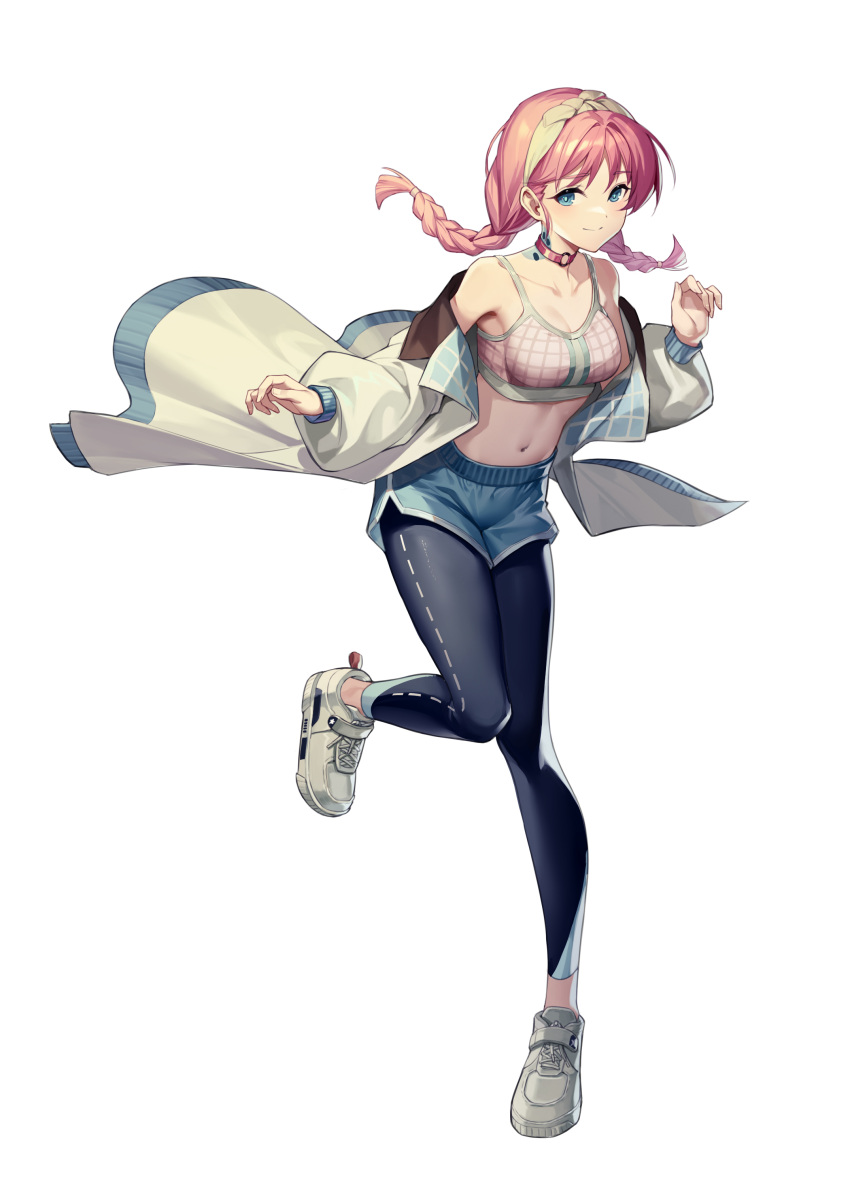 1girl absurdres arknights bangs bare_shoulders black_pants blue_eyes blue_poison_(arknights) blue_poison_(shoal_beat)_(arknights) blue_shorts braid breasts choker commentary crop_top dolphin_shorts hairband highres leggings long_hair long_sleeves medium_breasts midriff navel off_shoulder pants pink_choker pink_hair short_shorts shorts simple_background solo spaghetti_strap sports_bra stomach twin_braids white_background white_footwear white_hairband yin_lan_xue