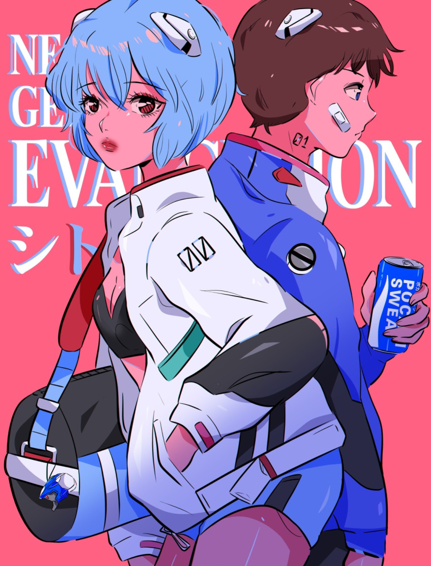 1boy 1girl ayanami_rei bag bandaid bandaid_on_face bangs blue_eyes blue_hair blue_jacket bomber_jacket breasts brown_hair can cleavage copyright_name crop_top drink eva_00 hand_in_pocket highres holding holding_can ikari_shinji jacket lips neon_genesis_evangelion pocari_sweat red_background red_eyes short_hair shorts simple_background small_breasts stephanie_priscilla tattoo white_jacket