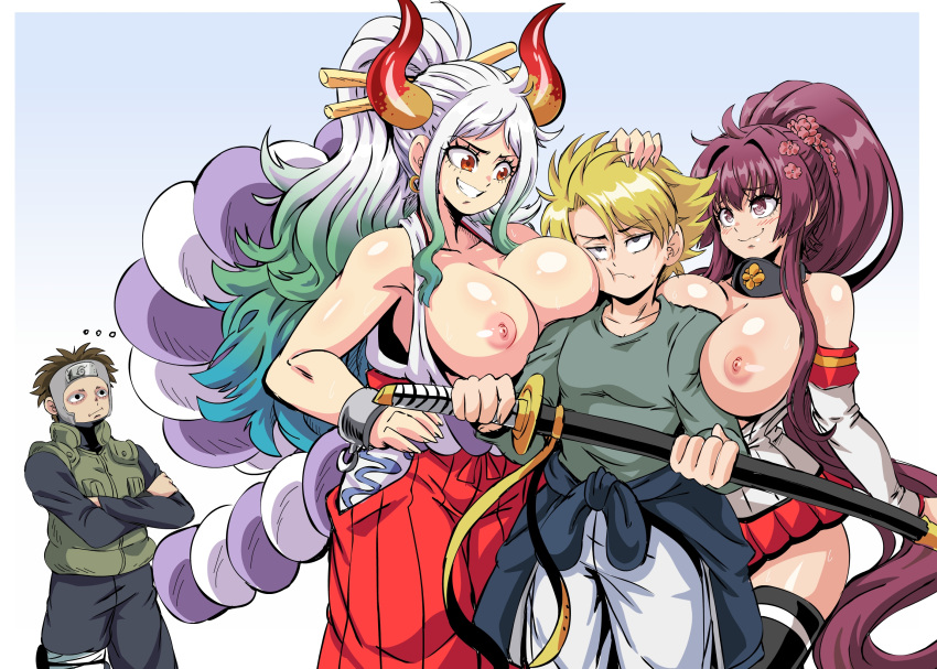 ... 2boys 2girls absurdly_long_hair ahoge arm_at_side bangs bare_arms bare_shoulders blonde_hair blue_hair bocodamondo border breast_press breast_rest breasts breasts_on_shoulders breasts_outside brown_hair chain character_name cheek_poking closed_mouth club commentary crossed_arms crossover cuffs curled_horns detached_sleeves devil_may_cry_(series) digimon digimon_adventure english_text eyebrows_visible_through_hair fingernails furrowed_brow green_hair grin hair_ornament hair_stick hakama half-closed_eyes hand_on_another's_head hand_up height_difference hetero high_ponytail highres holding holding_sheath holding_sword holding_weapon horns huge_breasts ishida_yamato japanese_clothes kanabou kantai_collection kataginu katana long_hair long_sleeves looking_at_another microskirt multicolored_hair multicolored_horns multiple_boys multiple_crossover multiple_girls namesake naruto_(series) nipples no_bra one_piece oni orange_eyes pants poking purple_eyes purple_hair red_horns rope scabbard shackles sheath sheathed shimenawa shiny shiny_hair shiny_skin shirt short_hair sidelocks skirt smile standing sweat sweatshirt sword tall_female thighhighs unaligned_breasts very_long_hair vest weapon white_hair yamato_(kancolle) yamato_(naruto) yamato_(one_piece) yamato_(sword) yellow_horns