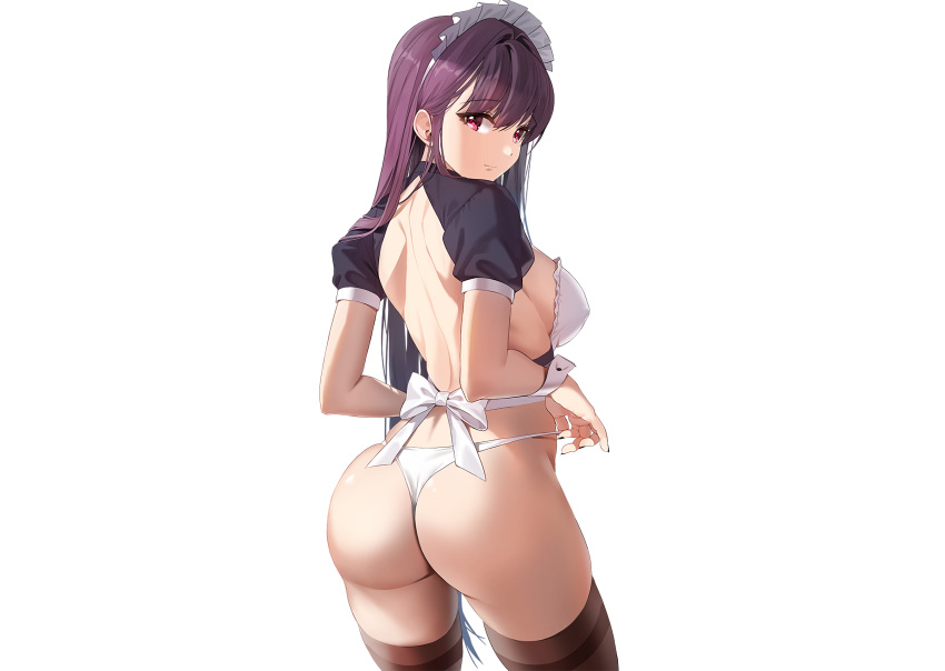 ass damda erect_nipples fate/grand_order fate_(series) headband long_hair maid purple_eyes purple_hair scathach_(fate/grand_order) thighhighs waifu2x white