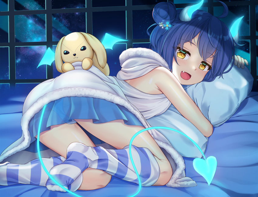 1girl :d ahoge bangs bare_shoulders blue_hair blue_skirt commentary demon_girl demon_tail eyebrows_visible_through_hair eyes_visible_through_hair fang flower gochuumon_wa_usagi_desu_ka? hair_bun hair_flower hair_ornament highres horns indoors jouga_maya kneehighs looking_at_viewer night niiya open_mouth panties pillow pillow_hug see-through skirt smile solo striped striped_legwear tail underwear white_panties window yellow_eyes