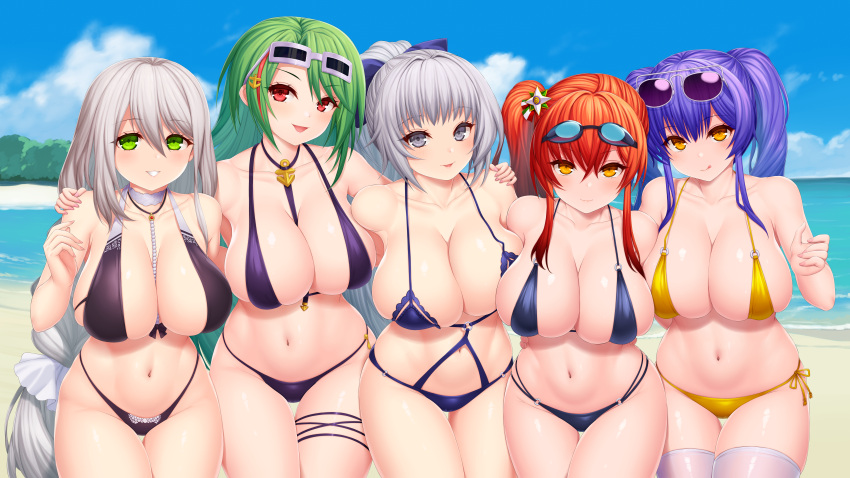 anthropomorphism aquila_(azur_lane) asamura_hiori azur_lane beach bikini blush bow breasts choker clouds garter goggles gray_eyes gray_hair green_eyes green_hair group hug littorio_(azur_lane) long_hair pola_(azur_lane) ponytail purple_hair red_eyes red_hair sky sunglasses swimsuit thighhighs twintails vittorio_veneto_(azur_lane) water yellow_eyes zara_(azur_lane)