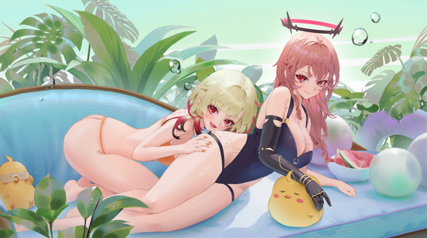 2girls animal ass azur_lane bikini bird brown_hair bubbles cirilla couch duca_degli_abruzzi_(azur_lane) giuseppe_garibaldi_(azur_lane) long_hair manjuu_(azur_lane) red_eyes swimsuit