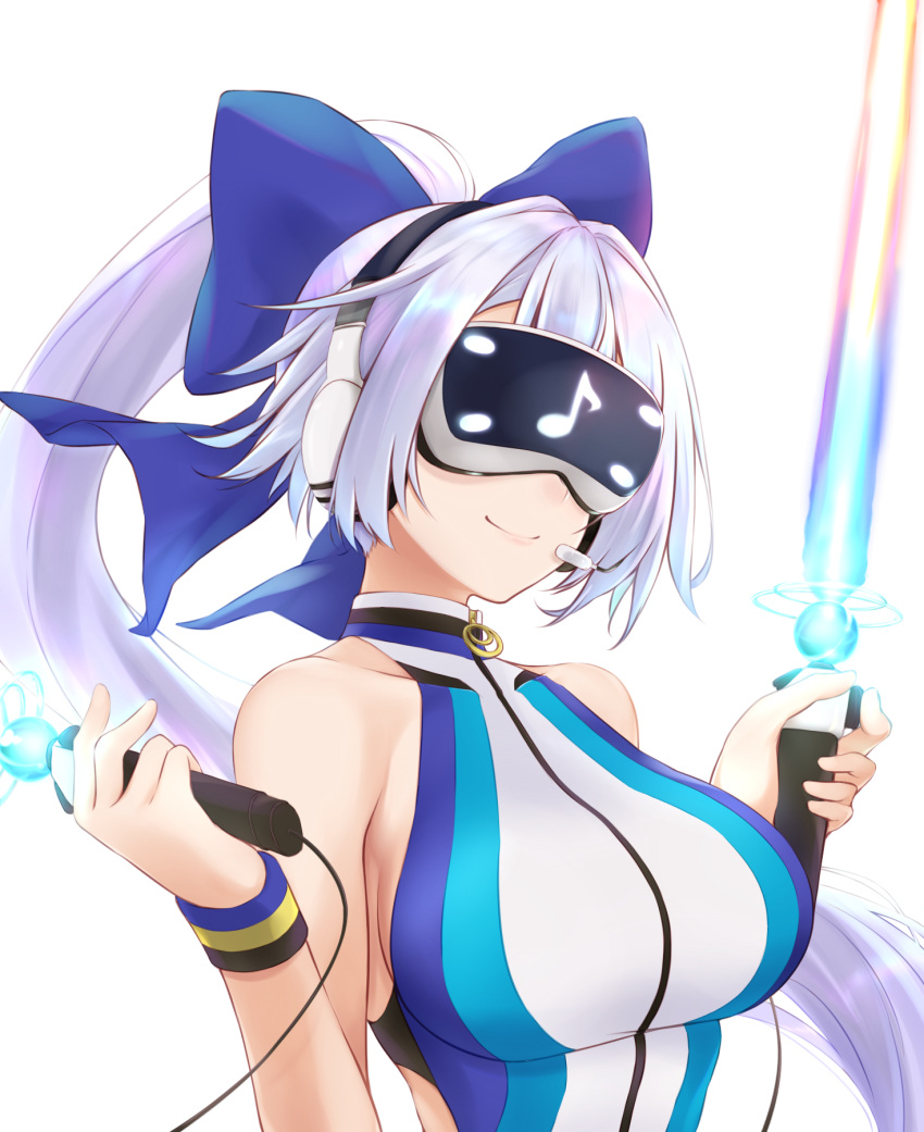 1girl bangs blue_bow blue_swimsuit bow breasts dual_wielding energy_sword fate/grand_order fate_(series) hair_between_eyes hair_bow head_mounted_display highres holding large_breasts long_hair one-piece_swimsuit ponytail silver_hair smile solo swimsuit sword tohoho_(hoshinoyami) tomoe_gozen_(fate) tomoe_gozen_(swimsuit_saber)_(fate) two-tone_swimsuit weapon white_swimsuit wristband