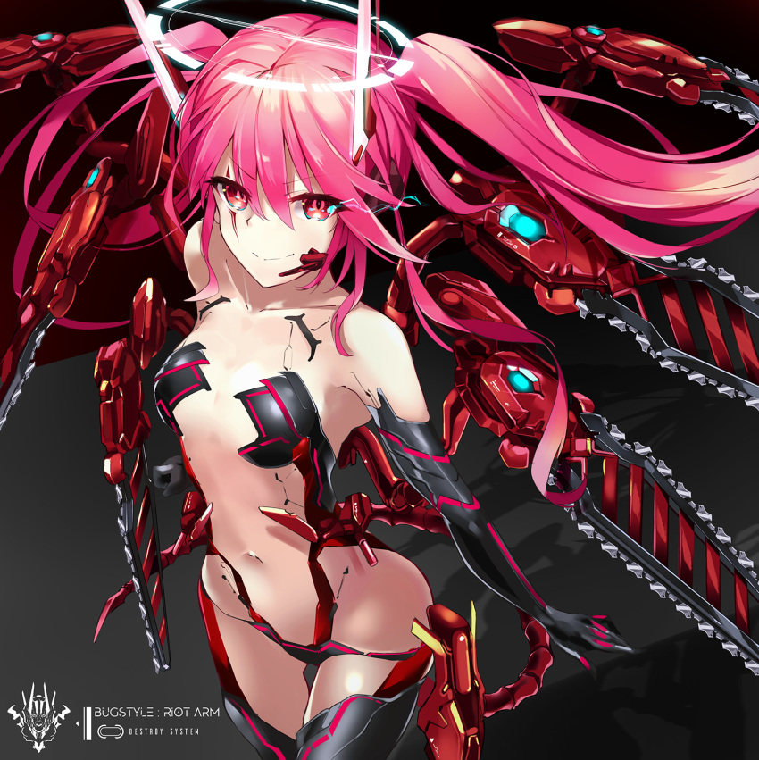 1girl bangs bemani body_armor breasts chainsaw collarbone eyebrows_visible_through_hair grace_(sound_voltex) grey_background hair_between_eyes hair_ornament highres kie_(yospcd) long_hair looking_at_viewer mecha_musume mechanical_wings navel red_eyes red_hair sidelocks simple_background small_breasts solo sound_voltex twintails wings