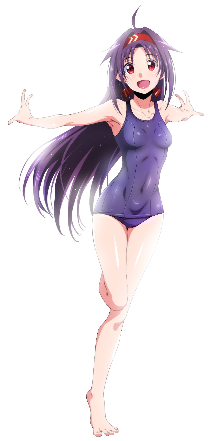 1girl :d absurdres ahoge bangs bare_shoulders blue_swimsuit breasts collarbone covered_navel elf eyebrows_visible_through_hair full_body hair_intakes hairband highres island_(kossori) long_hair looking_at_viewer one-piece_swimsuit open_mouth outstretched_arms parted_bangs pointy_ears purple_hair school_swimsuit shiny shiny_clothes shiny_hair shiny_skin simple_background small_breasts smile solo swimsuit sword_art_online very_long_hair white_background yuuki_(sao)