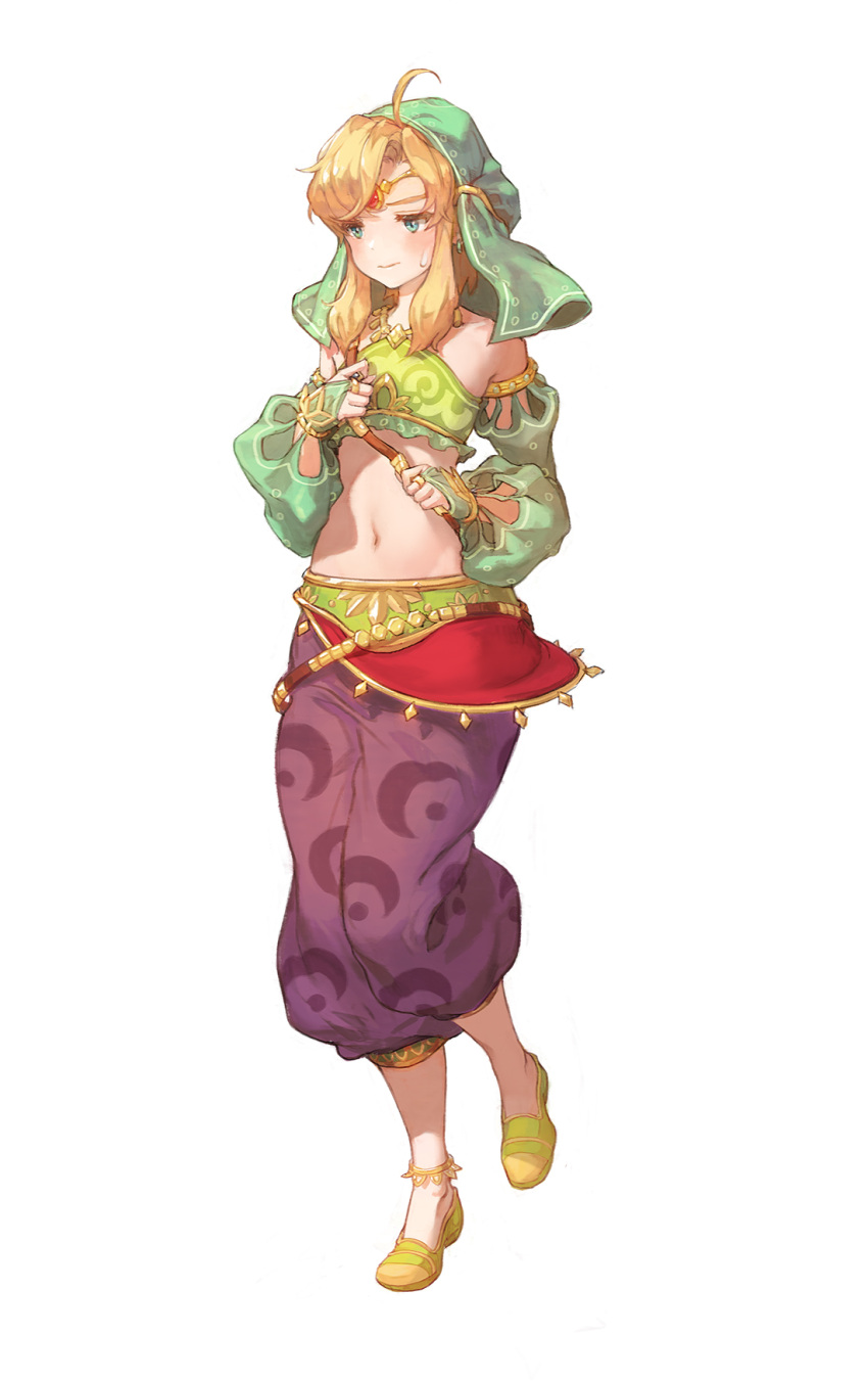 1boy ahoge anklet aqua_eyes arabian_clothes baggy_pants bare_shoulders belt blonde_hair bridal_gauntlets circlet closed_mouth commentary crossdressing detached_sleeves earrings embarrassed english_commentary full_body gerudo_set_(zelda) green_footwear green_headwear green_sleeves hands_up harem_pants head_scarf highres jewelry kuzel_(bonolangje) link long_hair looking_down male_focus midriff navel necklace official_alternate_costume otoko_no_ko pants puffy_detached_sleeves puffy_sleeves purple_pants shoulder_strap solo standing standing_on_one_leg sweatdrop the_legend_of_zelda the_legend_of_zelda:_breath_of_the_wild white_background