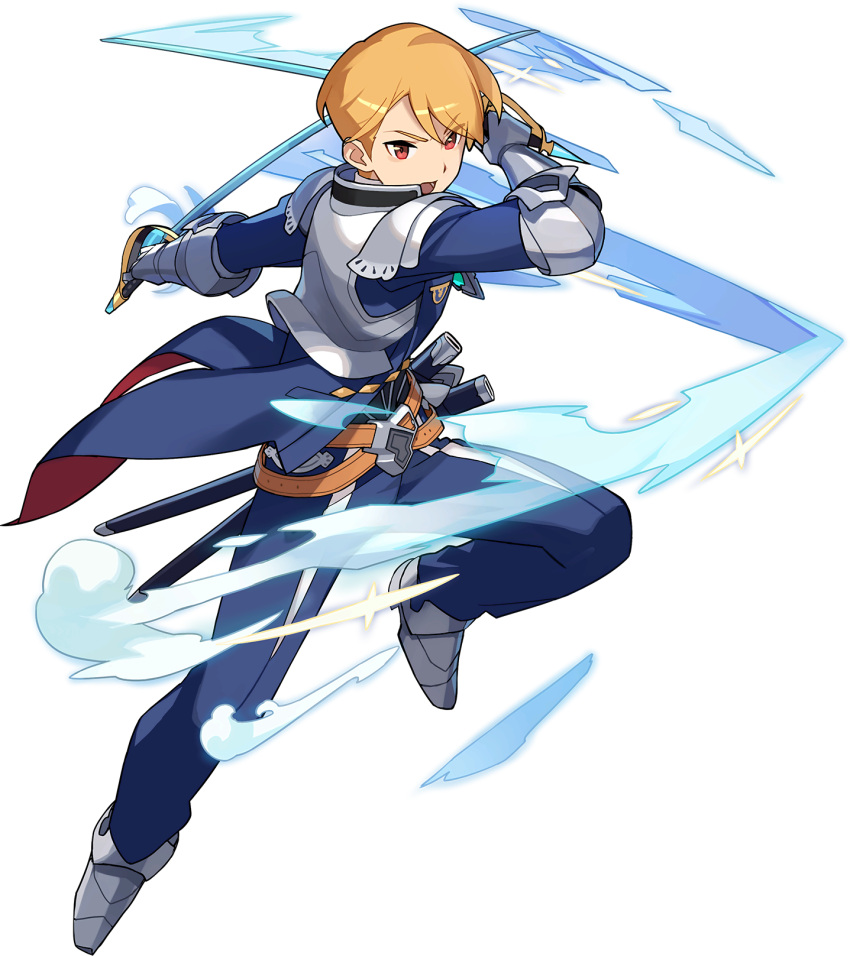 1boy armor armored_boots arms_up artist_request bangs belt black_vest blonde_hair blue_coat blue_pants boots brooch coat coattails dual_wielding eyebrows_visible_through_hair frost full_body gauntlets gem grey_footwear highres holding holding_sword holding_weapon jewelry jumping long_sleeves looking_at_viewer male_focus non-web_source official_art open_mouth outstretched_arm pants pointy_footwear red_eyes sabaton sheath shiny shiny_hair shirt short_hair shoulder_armor solo sparkle spread_legs swept_bangs sword transparent_background v-shaped_eyebrows vest weapon white_shirt world_flipper yuwel_(world_flipper)