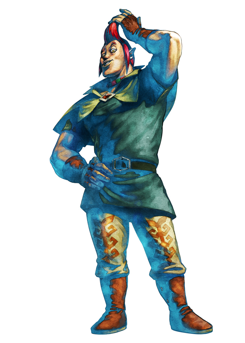 1boy absurdres arm_up belt boots brown_gloves capelet commentary english_commentary fingerless_gloves full_body gloves green_tunic groose hand_on_hip highres jewelry looking_at_viewer male_focus muscular muscular_male necklace official_art pointy_ears pompadour red_hair sidelocks solo standing the_legend_of_zelda the_legend_of_zelda:_skyward_sword yellow_capelet yellow_eyes
